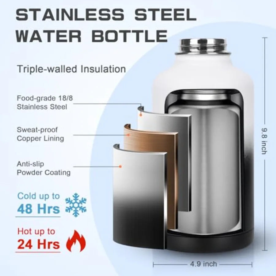 Insulated Water Bottle Half Gallon Water Jug Cold 48H BPA Free Stainless Steel Bottles with Straw/Chug 2-in-1 Lid Bag Paracord